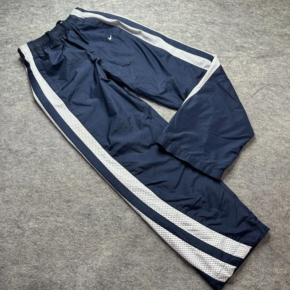 Nike Windbreaker Track Pants Men M Blue Lined 31" White Mesh Side Stripes Woven